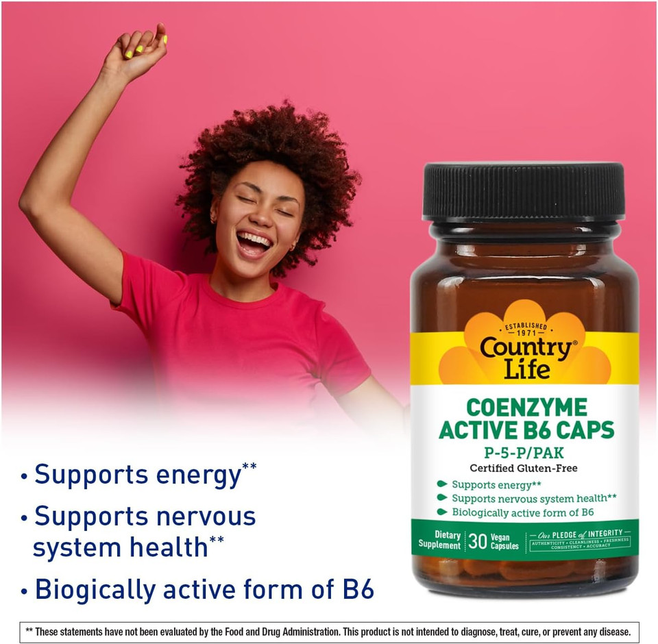 Country Life Coenzyme Active B-6, 50Mg Vitamin B6-30 Vegetarian Capsules - Supports Energy, Nervous & Immune Systems - 25Mg P-5-P Vitamin B6 - Certified Gluten Free, Vegan - No Artificial Additives