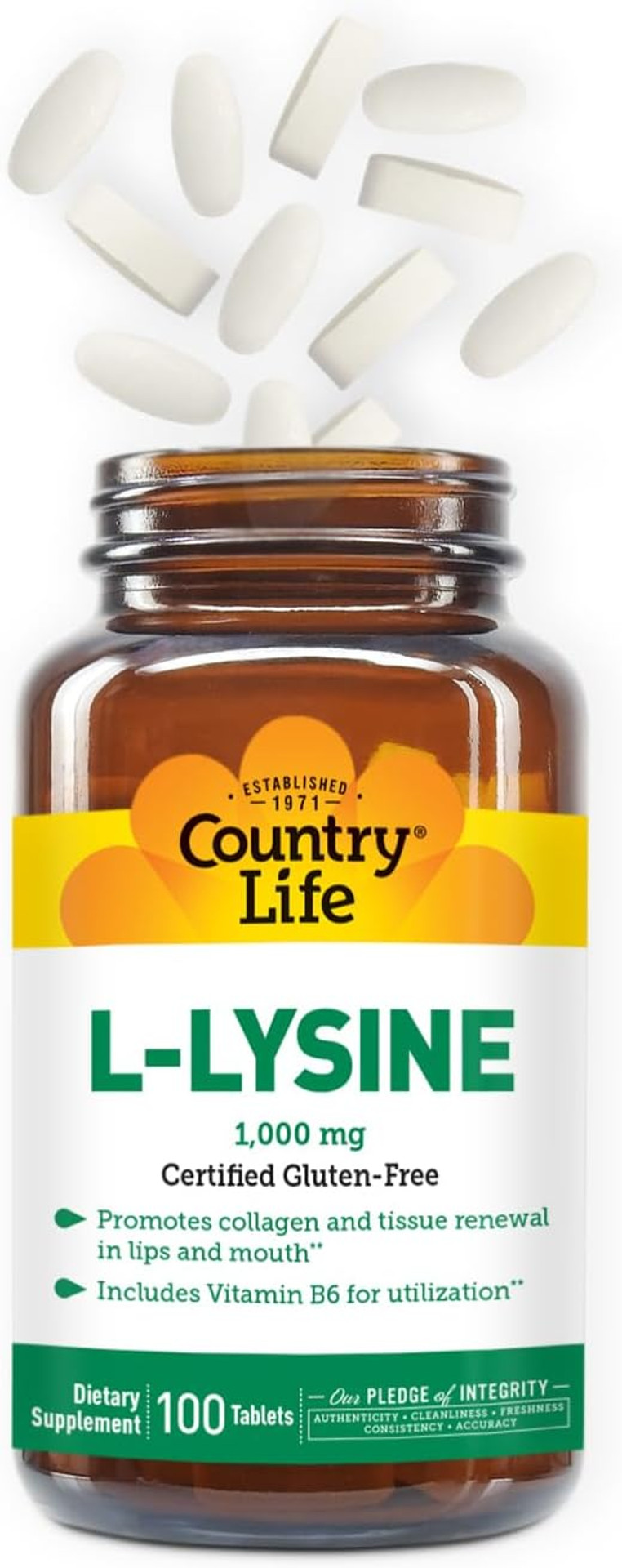 Country Life L-Lysine 500Mg With Vitamin B6  Immune Support & Collagen Renewal  Promotes Lip & Mouth Tissue Health  Certified Vegan, Gluten-Free  250 Vegan Capsules  Bone & Skin Supplement