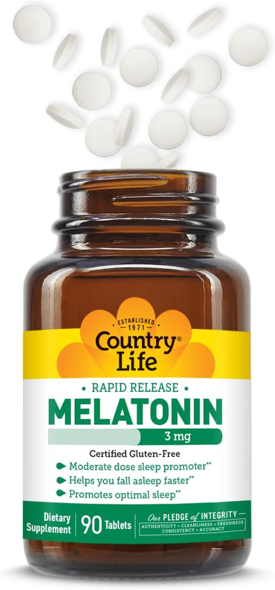 Country Life Melatonin Sleep Aid 3Mg - Non-Gmo, Gluten-Free, Vegan - Rapid-Release, Fast Dissolve Tablets For Optimal Sleep - No Yeast, Corn, Wheat, Soy - Pure, Authentic Ingredients