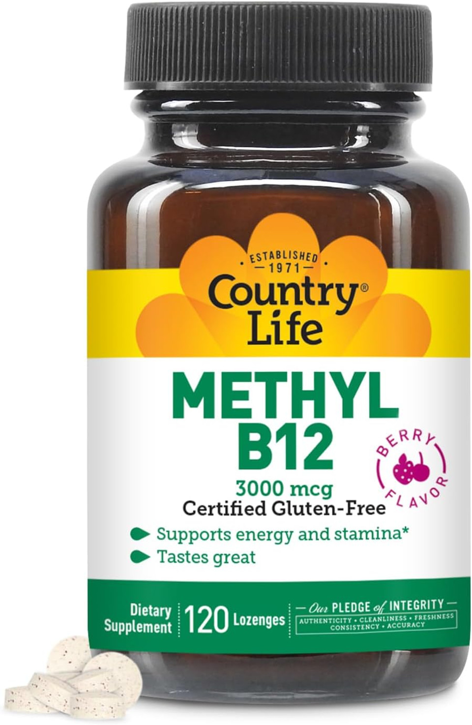 Country Life Methyl B12, 3000 Mcg Lozenges, Supports Energy & Stamina, Metabolism & Red Blood Cell Production, Berry Flavor, 120 Vegan Lozenges, Certified Gluten Free & Halal