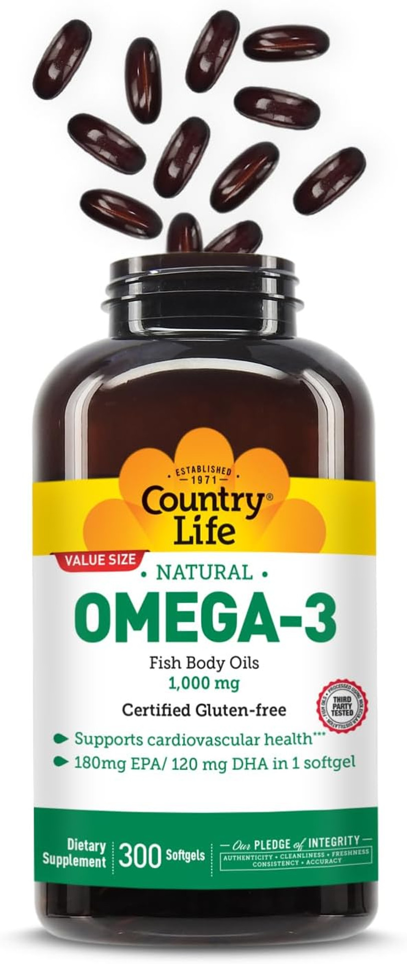 Country Life Omega-3 Fish Oil Supplement, 1000Mg, 180Mg Epa & 120Mg Dha, Fish Oil Concentrate, Burpless, 300 Softgels, Certified Gluten Free
