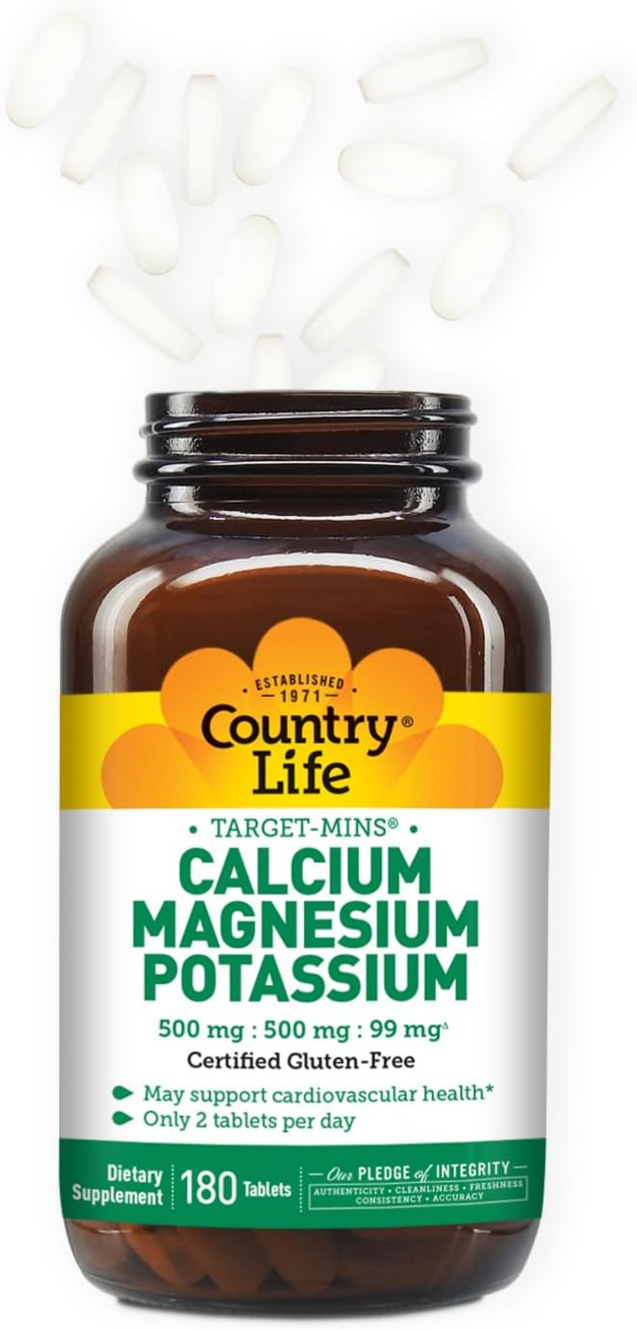 Country Life Target Mins - Calcium Magnesium Potassium Bone & Heart Health Supplement, 1000Mg Calcium, 500Mg Magnesium, Supports Calcium Utilization, 180 Tablets  Certified Gluten Free & Vegan