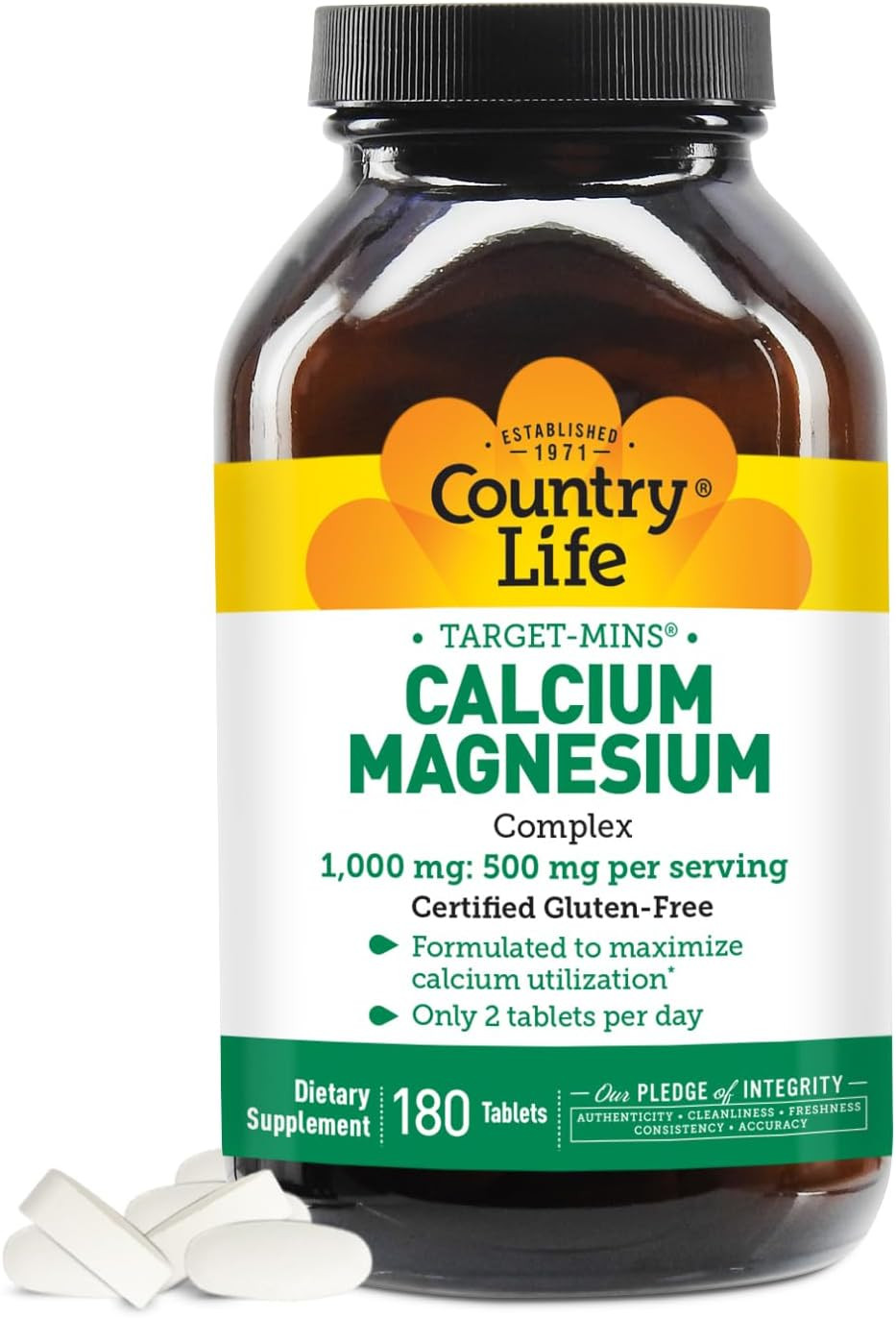 Country Life Target-Mins Calcium Magnesium Complex 1000Mg/500Mg, 180 Tablets, Certified Gluten Free, Certified Vegan, Certified Non-Gmo Verified