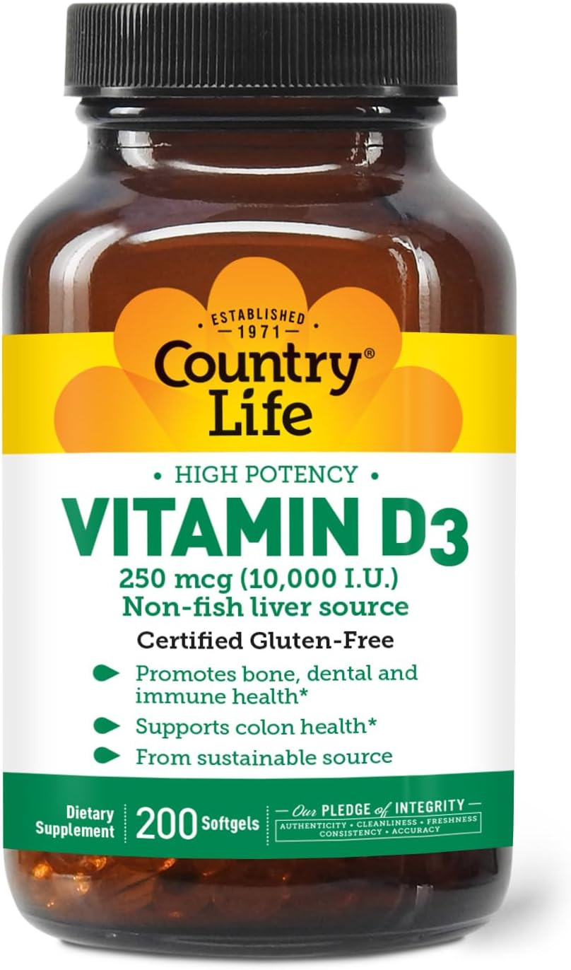 Country Life Vitamin D3 10,000 Iu  High Potency Non-Fish Source  Bone & Immune Support  Certified Gluten-Free  200 Softgels