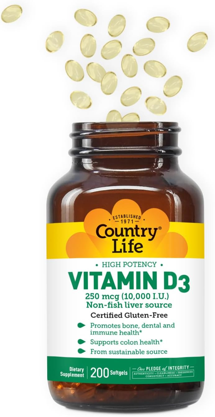 Country Life Vitamin D3 10,000 Iu  High Potency Non-Fish Source  Bone & Immune Support  Certified Gluten-Free  200 Softgels