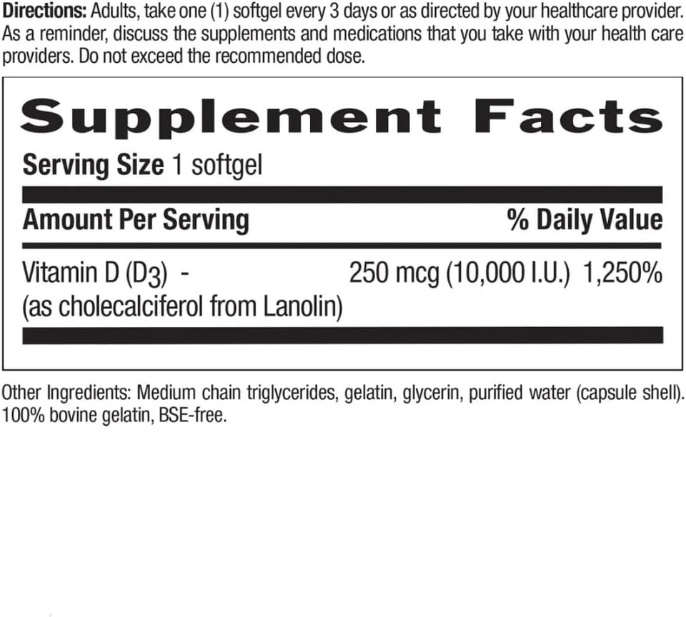 Country Life Vitamin D3 10,000 Iu  High Potency Non-Fish Source  Bone & Immune Support  Certified Gluten-Free  200 Softgels