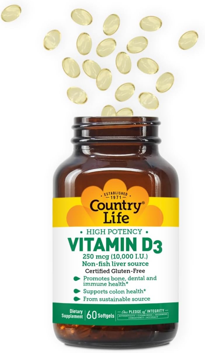Country Life Vitamin D3 10,000 Iu  High Potency, Non-Fish Source | Bone, Immune & Colon Health Support | 60 Softgels | Certified Gluten-Free, Clean Formula With Mct Oil For Better Absorption