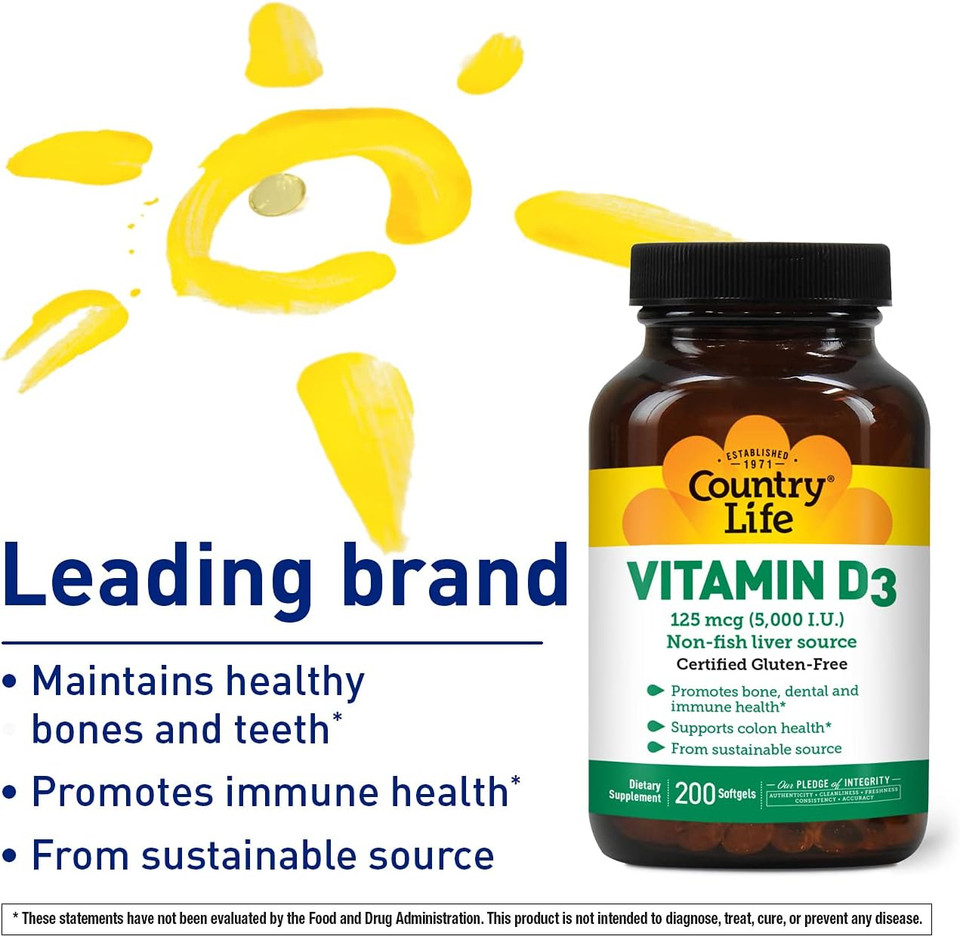 Country Life Vitamin D3 5000 Iu For Immune And Bone Health, Calcium Absorption, And Colon Health - Sustainable Source From Lanolin, Available In Various Strengths