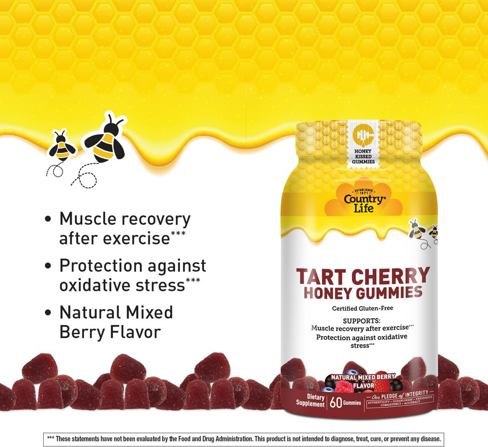Country Life® Tart Cherry Honey Gummies - Non-Gmo - Certified Gluten Free - Certified Vegetarian By Ava To Support Muscle Recovery After Exercise