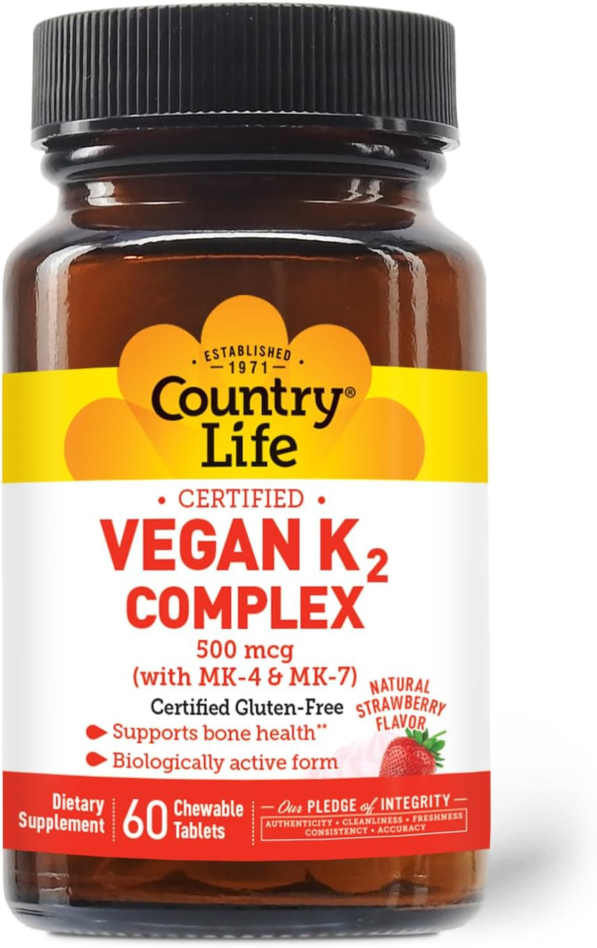 Country Life® Vegan K2-500 Mcg, 60 Ct. Chewable Tablets. Strawberry Flavor - Certified Gluten Free - Certified Vegan By Ava  To Support Bone Health