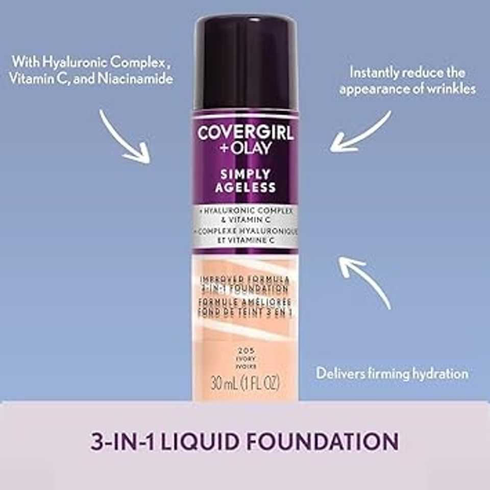 Covergirl & Olay Simply Ageless 3-In-1 Liquid Foundation, Matte Finish, Hyaluronic & Vitamin C Formula, Warm Beige, 1 Count