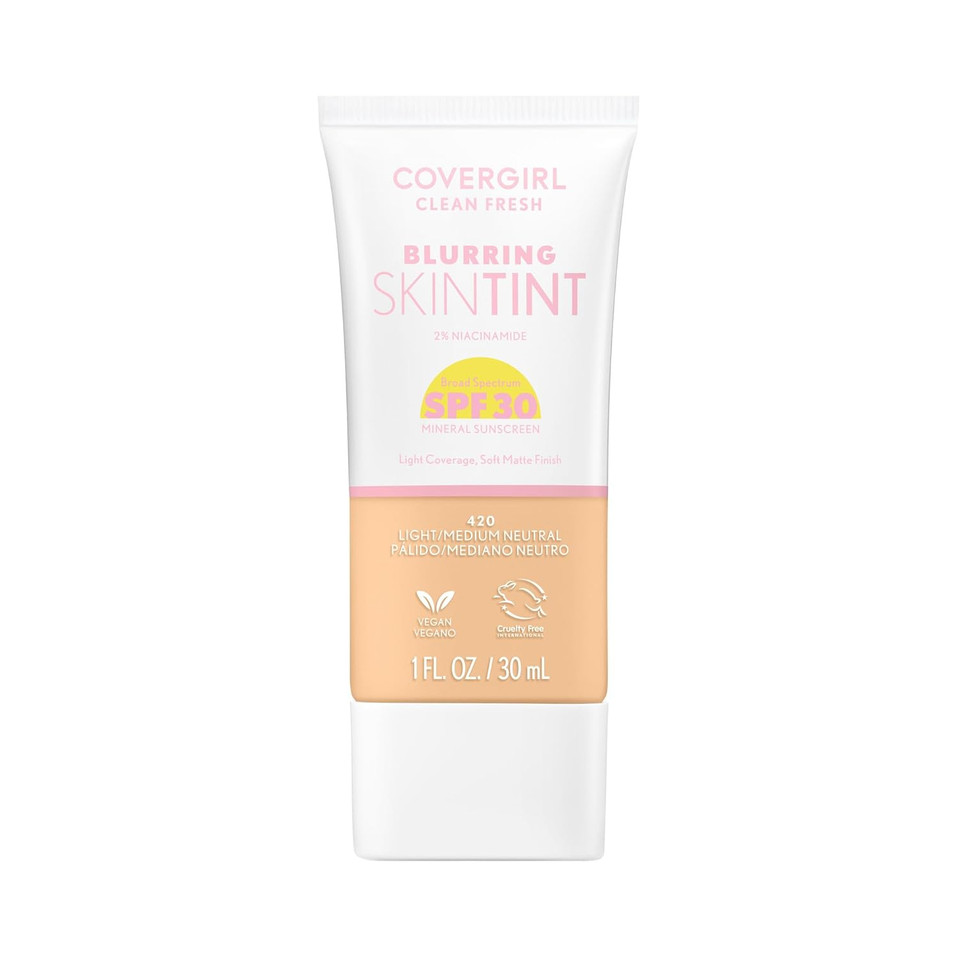 Covergirl Clean Fresh Blurring Skin Tint With Spf 30, 420 Light/Medium Neutral, Liquid Foundation, Soft Matte Finish, Smooths, Brightens, Blurs Pores, Mineral Sunscreen, Vegan Formula