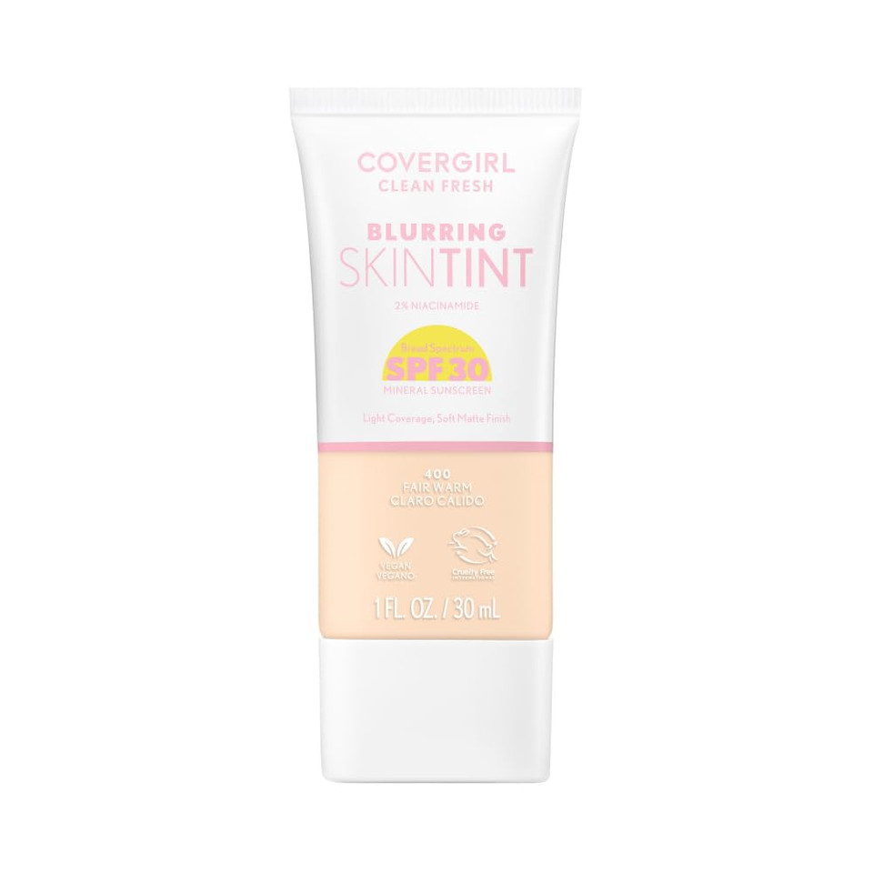Covergirl Clean Fresh Blurring Skin Tint With Spf 30, 445 Medium/Rich Warm, Liquid Foundation, Soft Matte Finish, Smooths, Brightens, Blurs Pores, Mineral Sunscreen, Vegan Formula