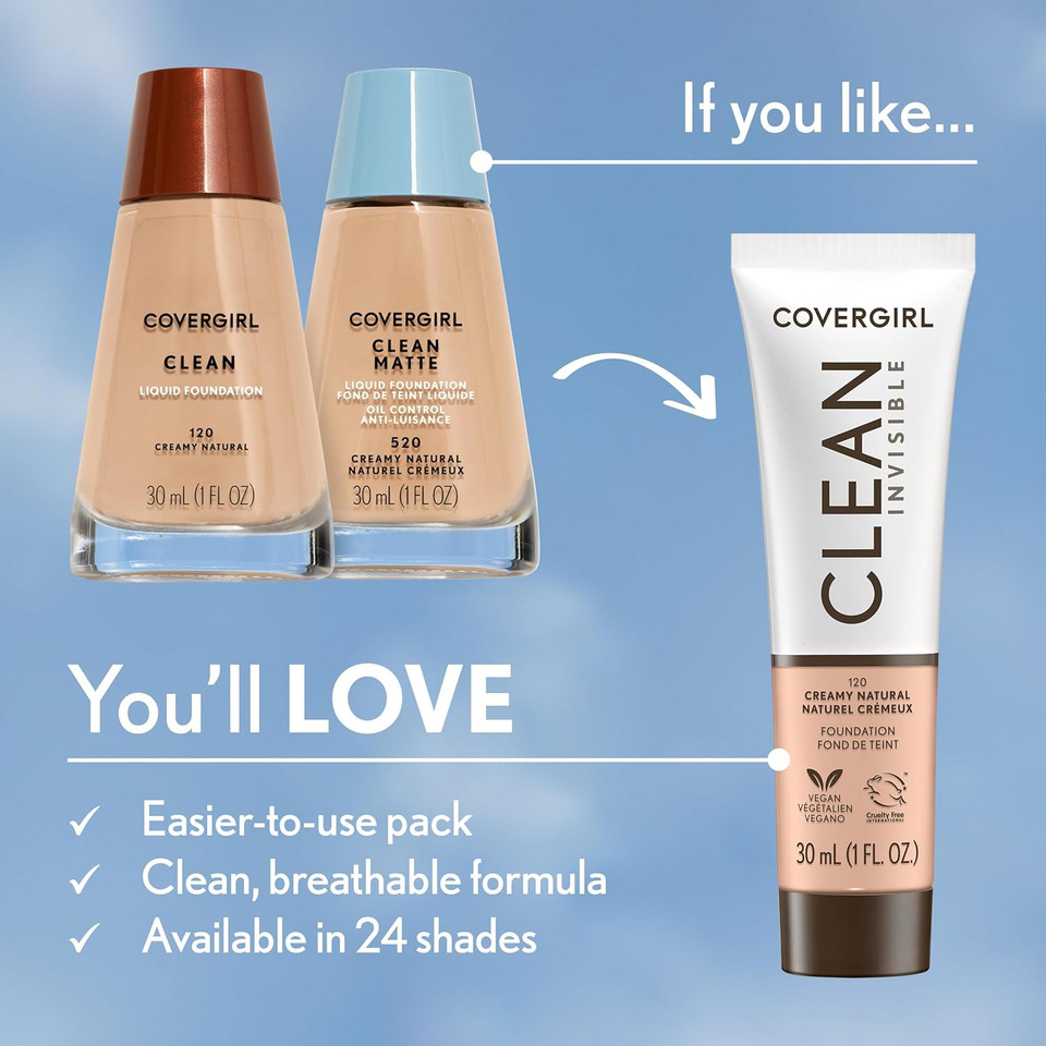 Covergirl Clean Invisible Foundation Makeup, Dewy & Glowy Finish, Buildable Coverage, Skin-Like Smooth Look, Vegan, Golden Natural, 1Oz
