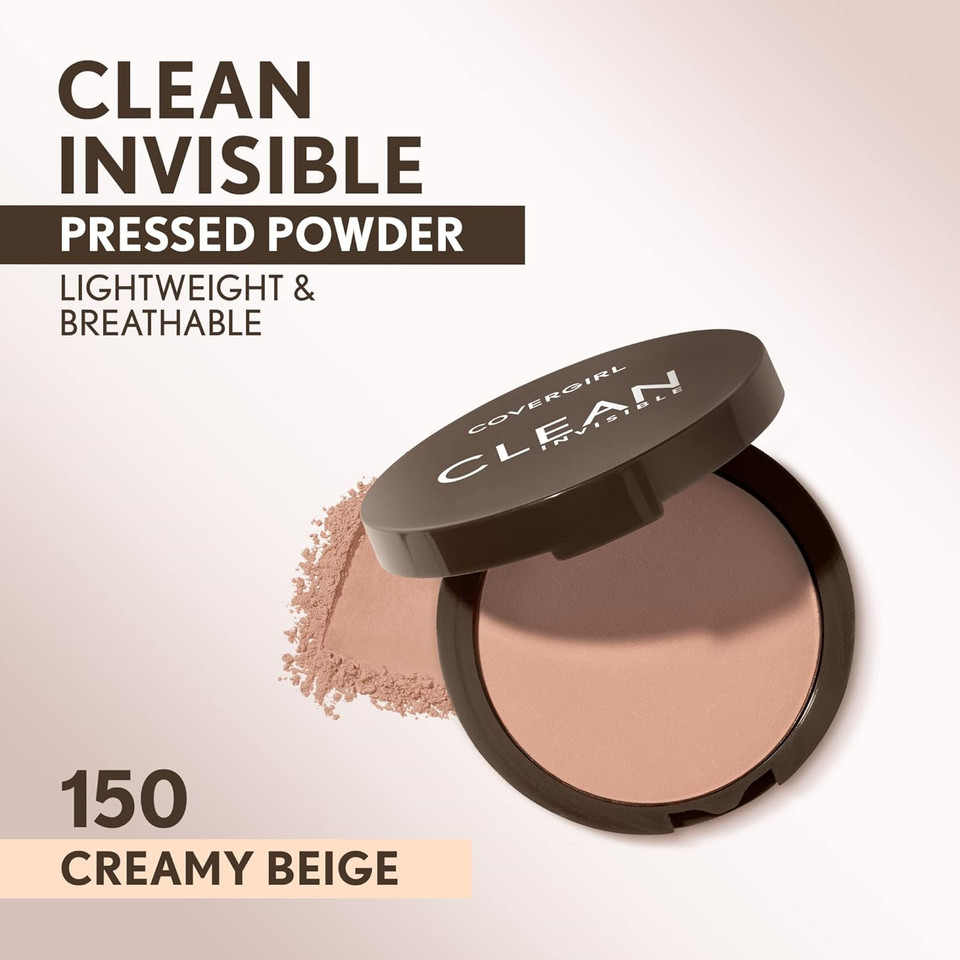 Covergirl Clean Invisible Pressed Powder, Lightweight, Breathable, Vegan Formula, Creamy Beige 150, 0.38Oz