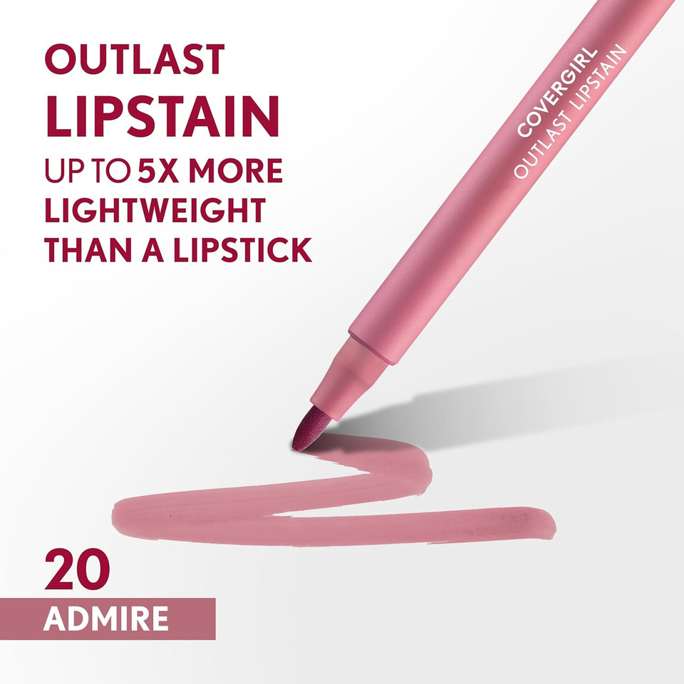 Covergirl Outlast, 20 Admire, Lipstain, Smooth Application, Precise Pen-Like Tip, Transfer-Proof, Satin Stained Finish, Vegan Formula, 0.06Oz