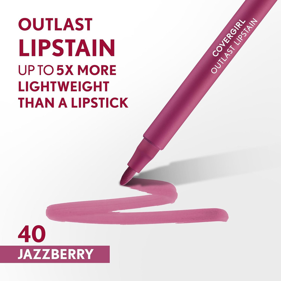 Covergirl Outlast, 40 Jazzberry, Lipstain, Smooth Application, Precise Pen-Like Tip, Transfer-Proof, Satin Stained Finish, Vegan Formula, 0.06Oz