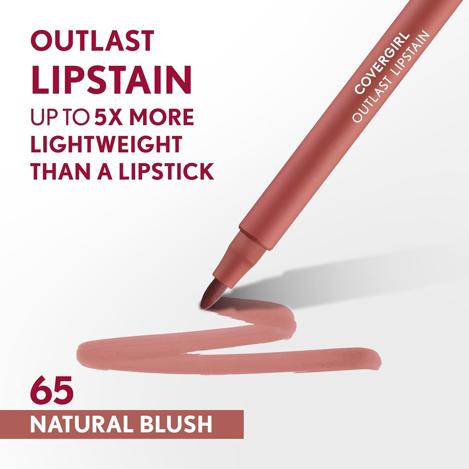 Covergirl Outlast, 65 Natural Blush, Lipstain, Smooth Application, Precise Pen-Like Tip, Transfer-Proof, Satin Stained Finish, Vegan Formula, 0.06Oz