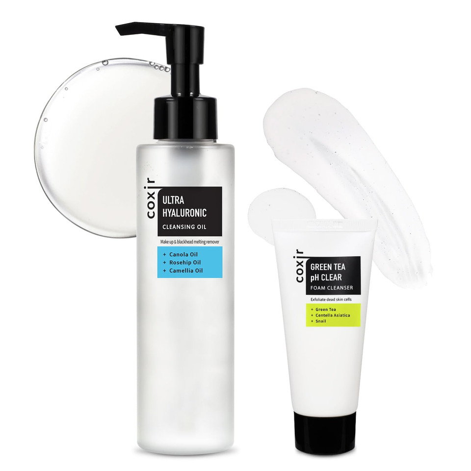 Coxir Ultra Hyaluronic Cleansing Oil 5.07 Fl.Oz + Greentea Ph Clear Foam Cleanser 1.01 Fl.Oz L For Double Cleansing, Hyaluronic Acid, Hydrating, Smoothing, Calming, Moisturizing, Korean Skin Care