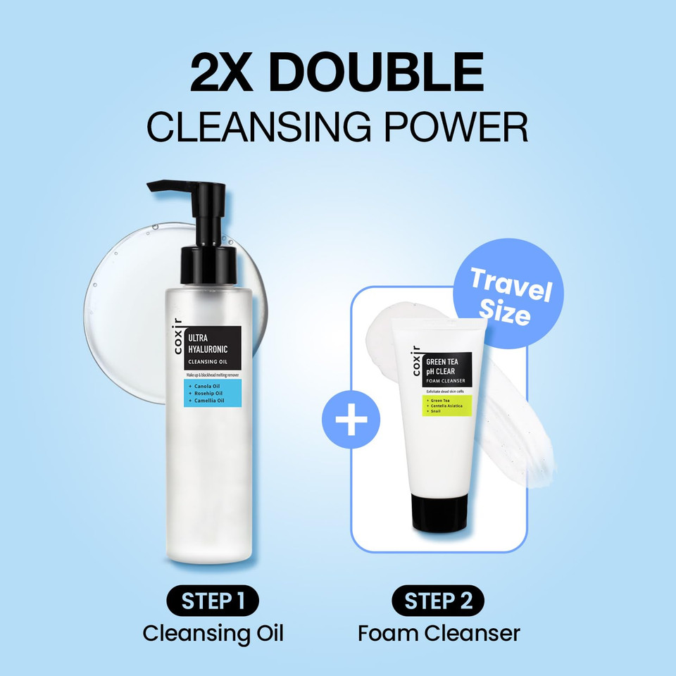 Coxir Ultra Hyaluronic Cleansing Oil 5.07 Fl.Oz + Greentea Ph Clear Foam Cleanser 1.01 Fl.Oz L For Double Cleansing, Hyaluronic Acid, Hydrating, Smoothing, Calming, Moisturizing, Korean Skin Care