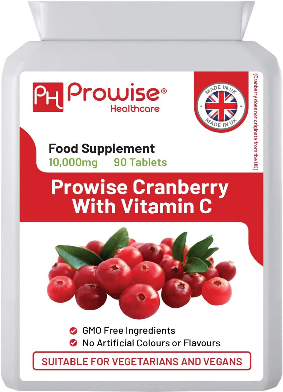 Cranberry Double Strength 10,000Mg 90 Tablets With Added Vitamin C - High Strength Daily Supplement - Uk Manufactured | Gmp Standards By Prowise Healthcare