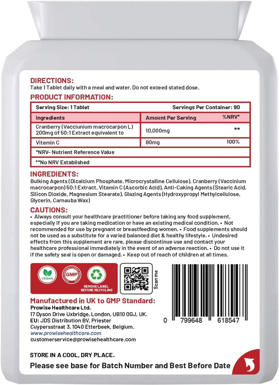 Cranberry Double Strength 10,000Mg 90 Tablets With Added Vitamin C - High Strength Daily Supplement - Uk Manufactured | Gmp Standards By Prowise Healthcare