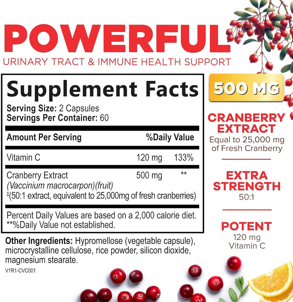 Cranberry Supplement Pills + Vitamin C - Made With 25,000Mg Cranberry Concentrate Whole Fruit Extract To Help Cleanse & Support Urinary Tract Health, Sugar Free For Women & Men, Non-Gmo, 120 Capsules