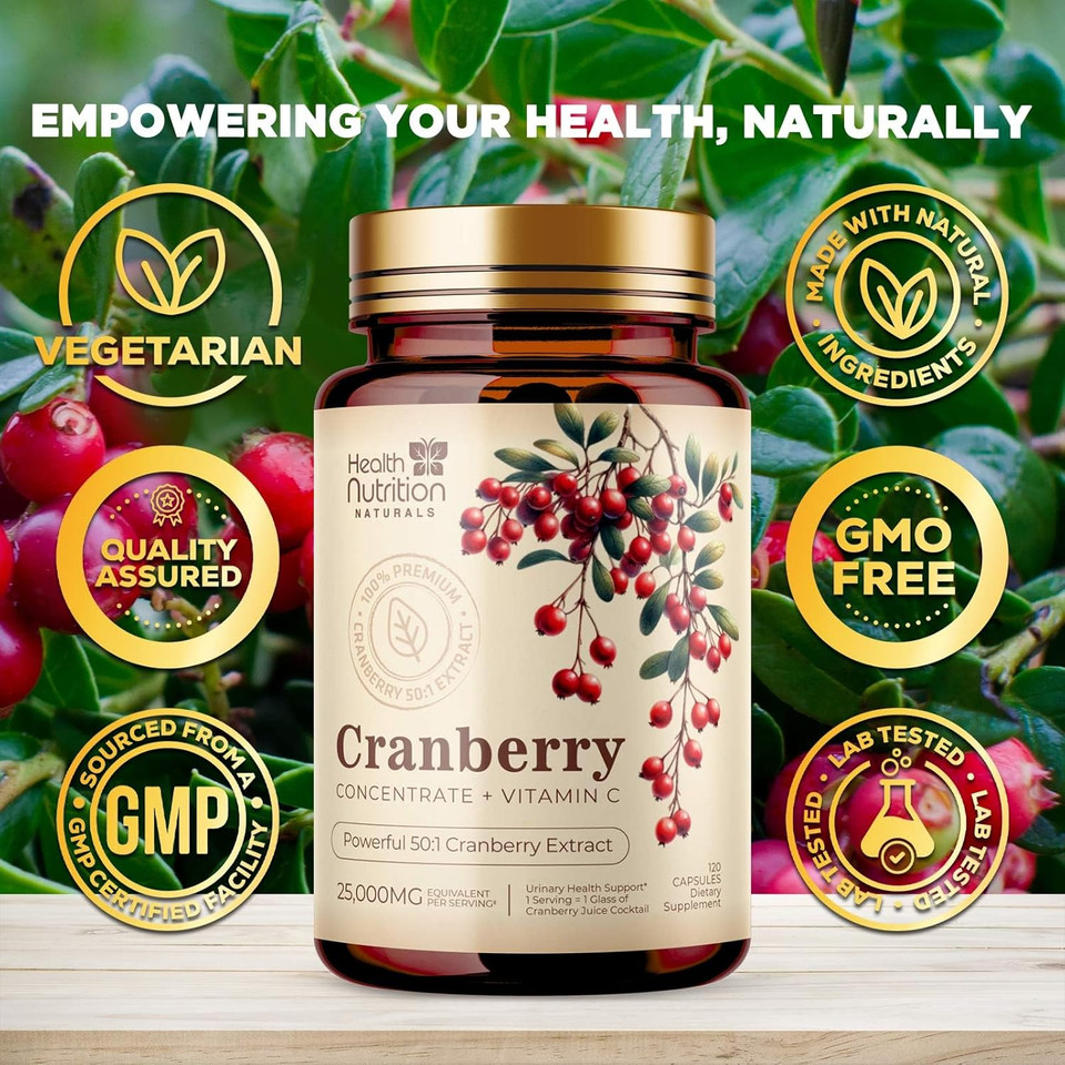 Cranberry Supplement Pills + Vitamin C - Made With 25,000Mg Cranberry Concentrate Whole Fruit Extract To Help Cleanse & Support Urinary Tract Health, Sugar Free For Women & Men, Non-Gmo, 120 Capsules