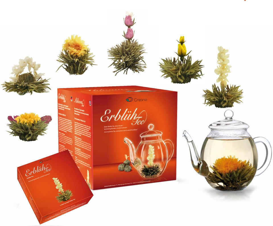 Creano Bloomning Tea Gift Set With Tea-Glass 7Oz And 8 Tea-Flowers In Cup Size - Green Tea - Gift For Women, Mother, Tealovers