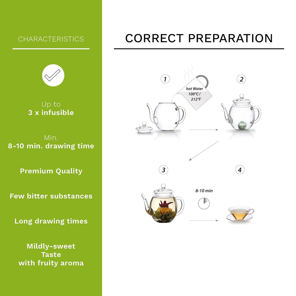 Creano Tea Flowers Mix - Blooming Green Tea, Fruity Flavoured (Roses In 6 Varieties), Flowering Set