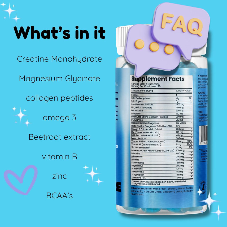 Creatine Monohydrate And Magnesium Gummies For Adults | Beta Alanine, Collagen Peptides, L-Arginine, B Vitamins | 60 Gummies