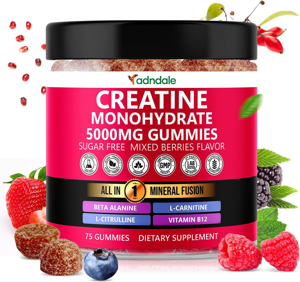 Creatine Monohydrate Gummies For Men & Women, 5000Mg Per Serving Creatine Supplement With Beta-Alanine, L-Citrulline & B12 - Supports Strength And Energy - 75 Vegan Gummies. Sugar-Free