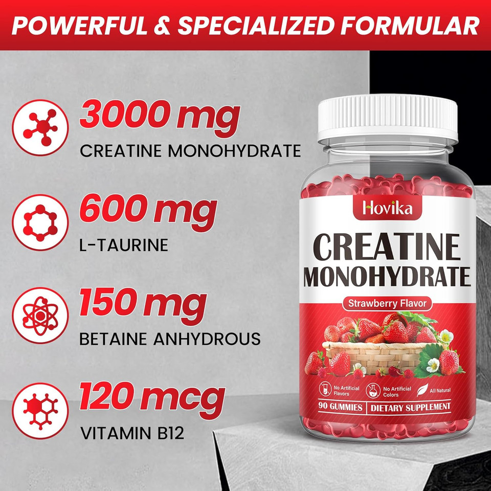 Creatine Monohydrate Gummies For Men & Women, Chewable 3G Creatine Monohydrate With Vitamin B12 For Muscle Growth & Recovery-Vegan, Natural Strawberry Flavor, 90 Gummies