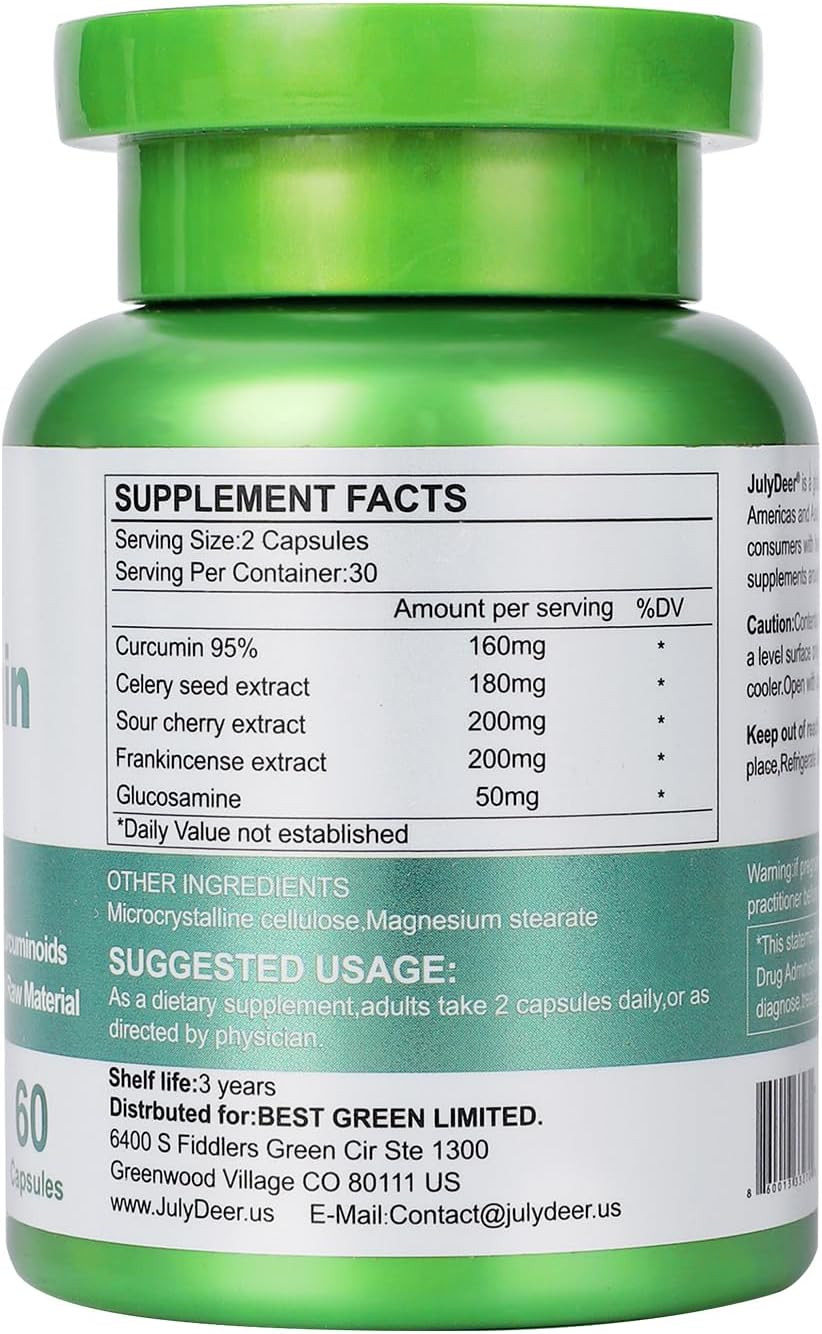 Curcumin Turmeric 95% With Celery Seed, Sour Cherry, Frankincense Extract, Glucosamine 5 In 1 Formula 95% Curcuminoid Natural Antioxidant Supplements Support To Joints And Immune Health