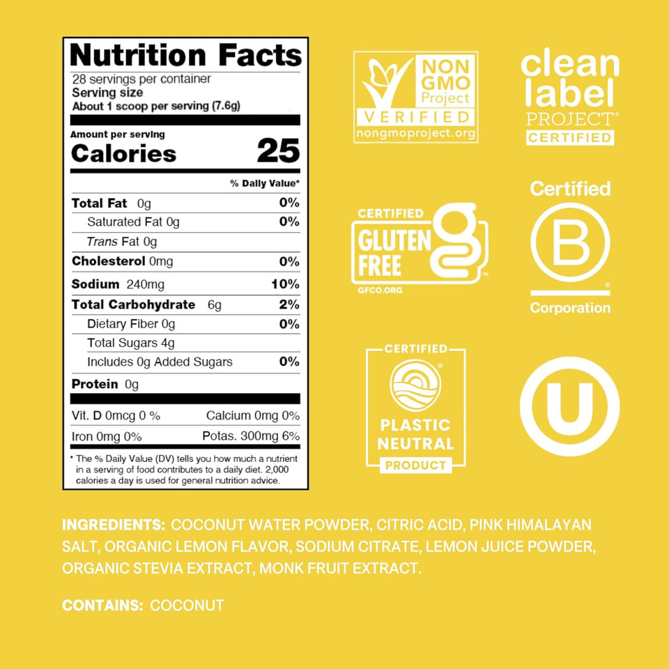 Cure Hydration | Plant-Based Electrolyte Drink Mix | No Added Sugar | Fsa & Hsa | Dehydration Relief Powder Made With Coconut Water | Non-Gmo | Vegan | 28 Servings Jar - Lemonade