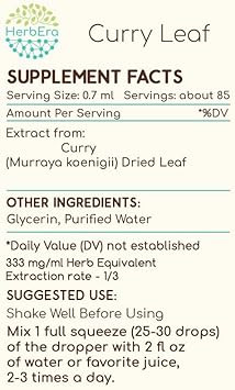 Curry Leaf B120 Alcohol-Free Herbal Extract Tincture, Concentrated Liquid Drops Natural Curry Leaf (Murraya Koenigii) Dried Leaf (4 Fl Oz)