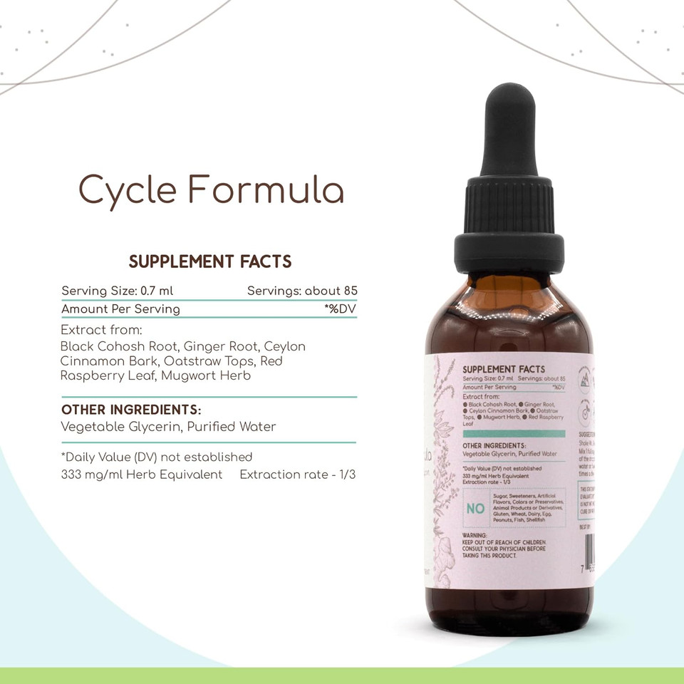 Cycle Formula B60 Alcohol-Free Extract Tincture, Ginger, Red Raspberry, Ceylon Cinnamon, Mugwort, Black Cohosh Root, Partridgeberry. Menstrual Cycle Support 2 Fl Oz