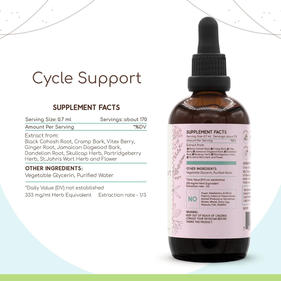 Cycle Support B120 Alcohol-Free Extract, Skullcap, Dandelion, Cramp Bark, Vitex Berry, St.John'S Wort Herb,Jamaican Dogwood, Partridgeberry Herb. Black Cohosh Root. Pms Support 4 Fl Oz