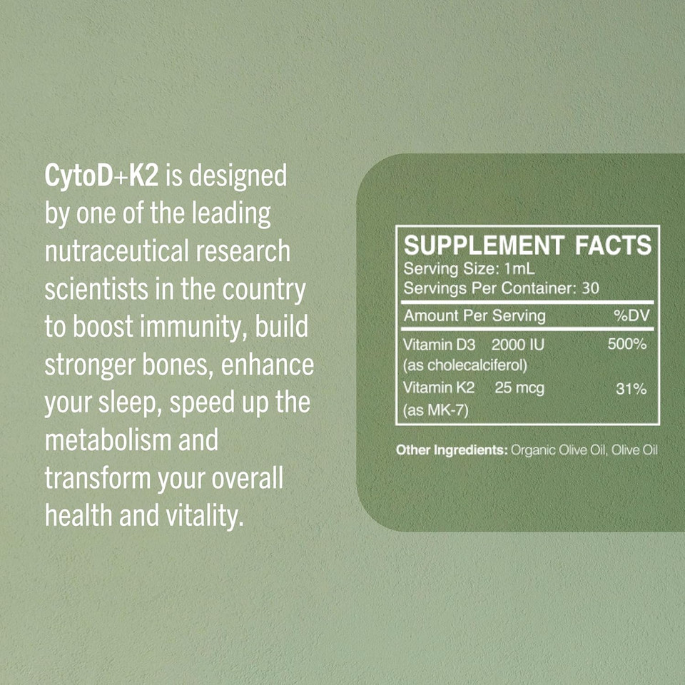 Cytod+K2 1 Fl Oz Vitamin D Vitamin K2 Organic Olive Oil Immune Support Drops 30 Servings