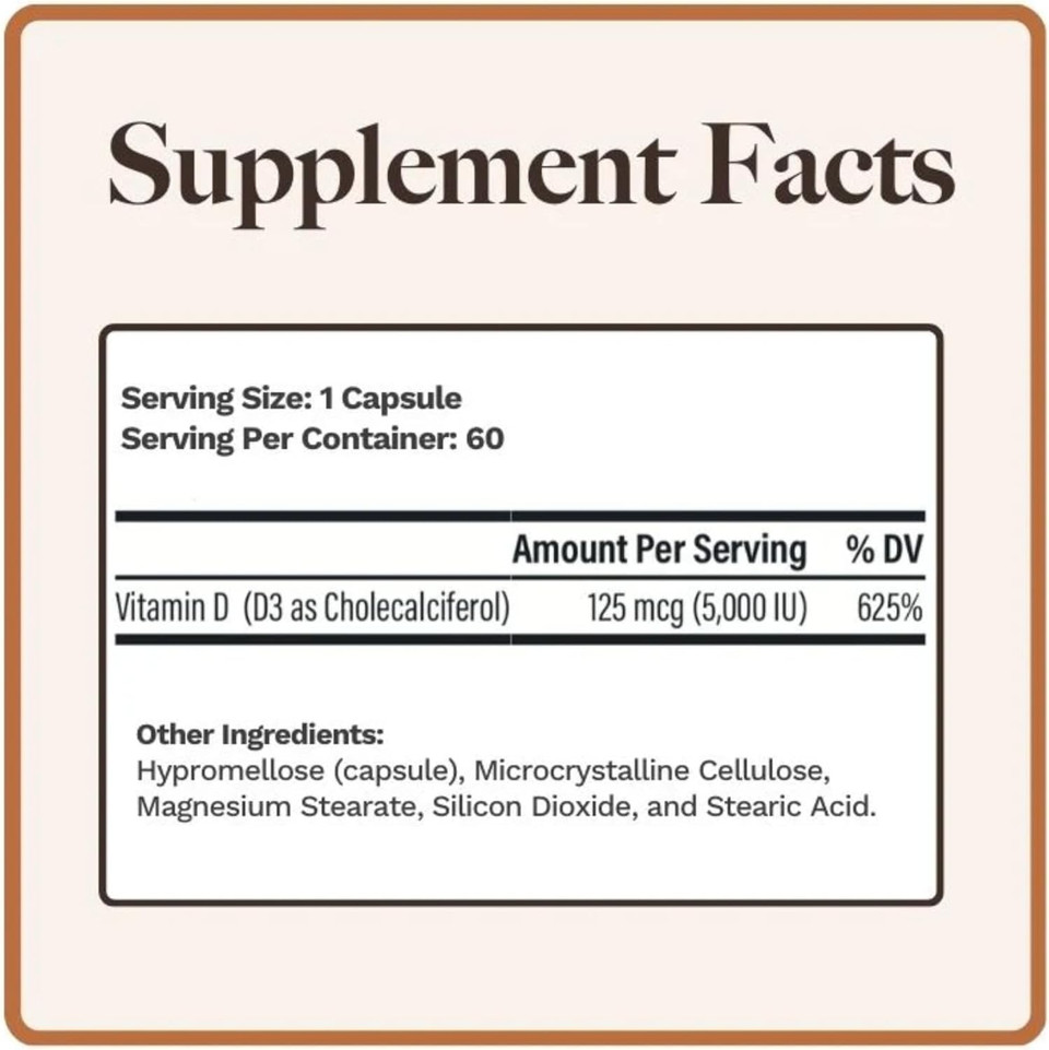 D3 5,000 Iu | Vitamin D Cholecalciferol | Made In Usa | 3Rd Party Tested | 60 Capsules