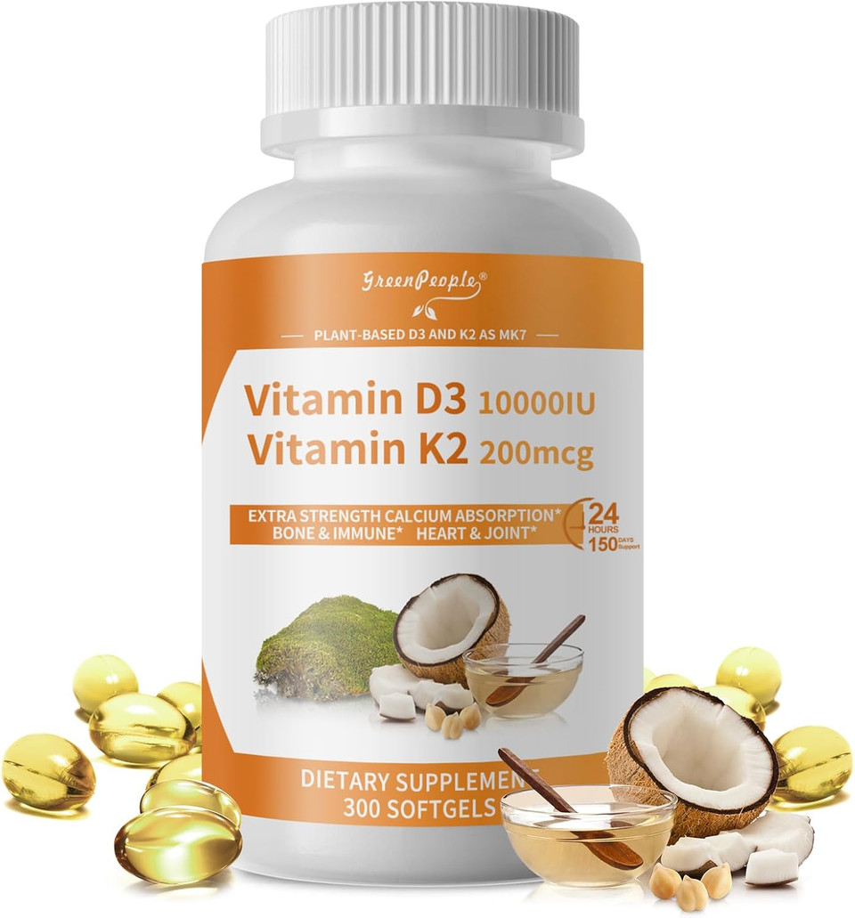 D3 K2 Vitamin D3 10000 Iu Per Serving (5000 Iu Per Softgel) + Vitamin K2 (Mk-7) 200Mcg Per Serving (100Mcg Per Softgel) W/Virgin Coconut Mct Oil| 300 Ct Vegan, Bone Health, Immune Support
