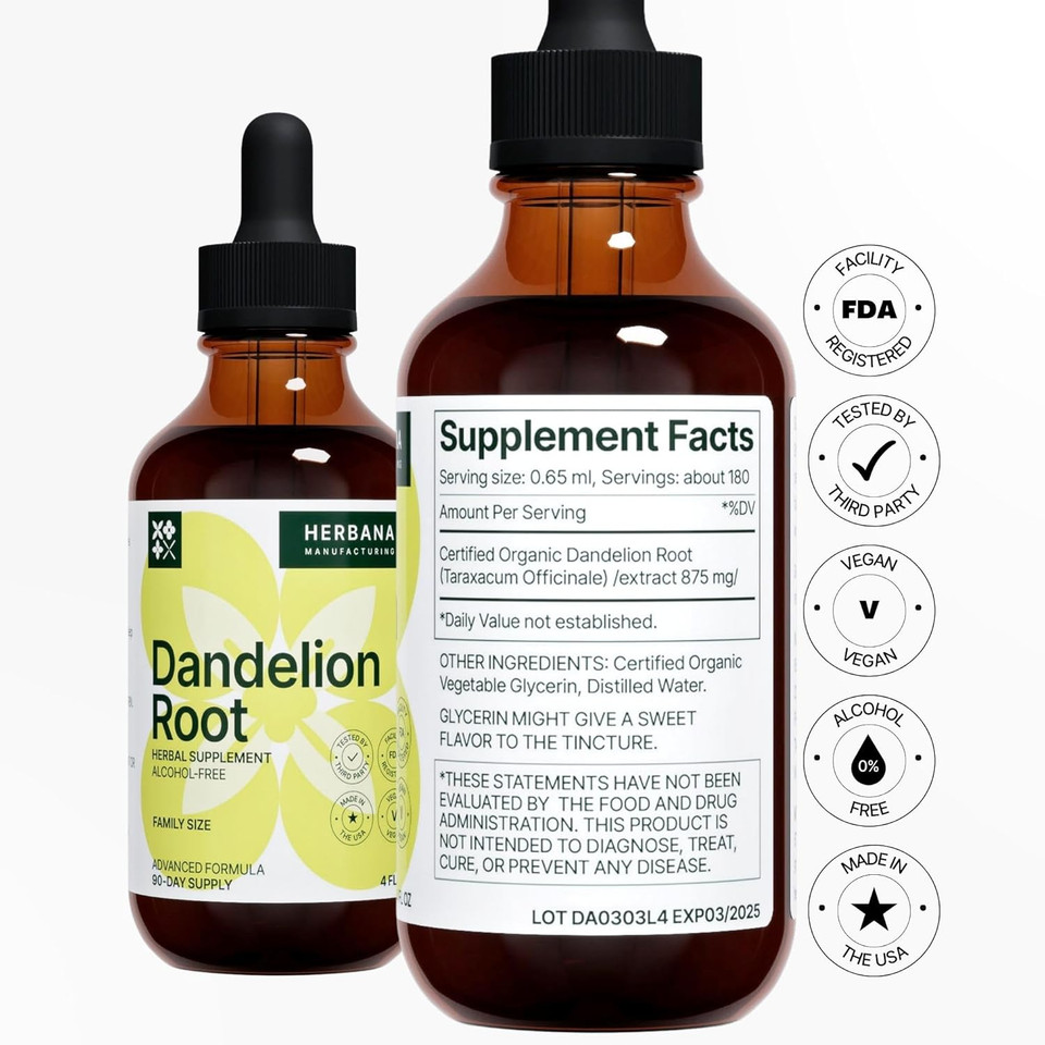 Dandelion Root 4 Fl Oz Liquid Extract - Natural Herbal Supplement For Cleansing, Digestive Function & Immunity - Organic Taraxacum Officinale - Family Size - High Potency Drops - 90-Day Supply