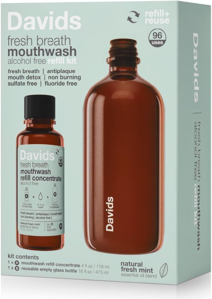 Davids Fresh Breath Mouthwash Kit, Non-Burning, Alcohol-Free, Fluoride-Free, Sulfate-Free, Gum And Mouth Detox, Antiplaque, Relieves Dry Mouth (4Oz Concentrate + 16Oz Empty Reusable Glass Bottle)