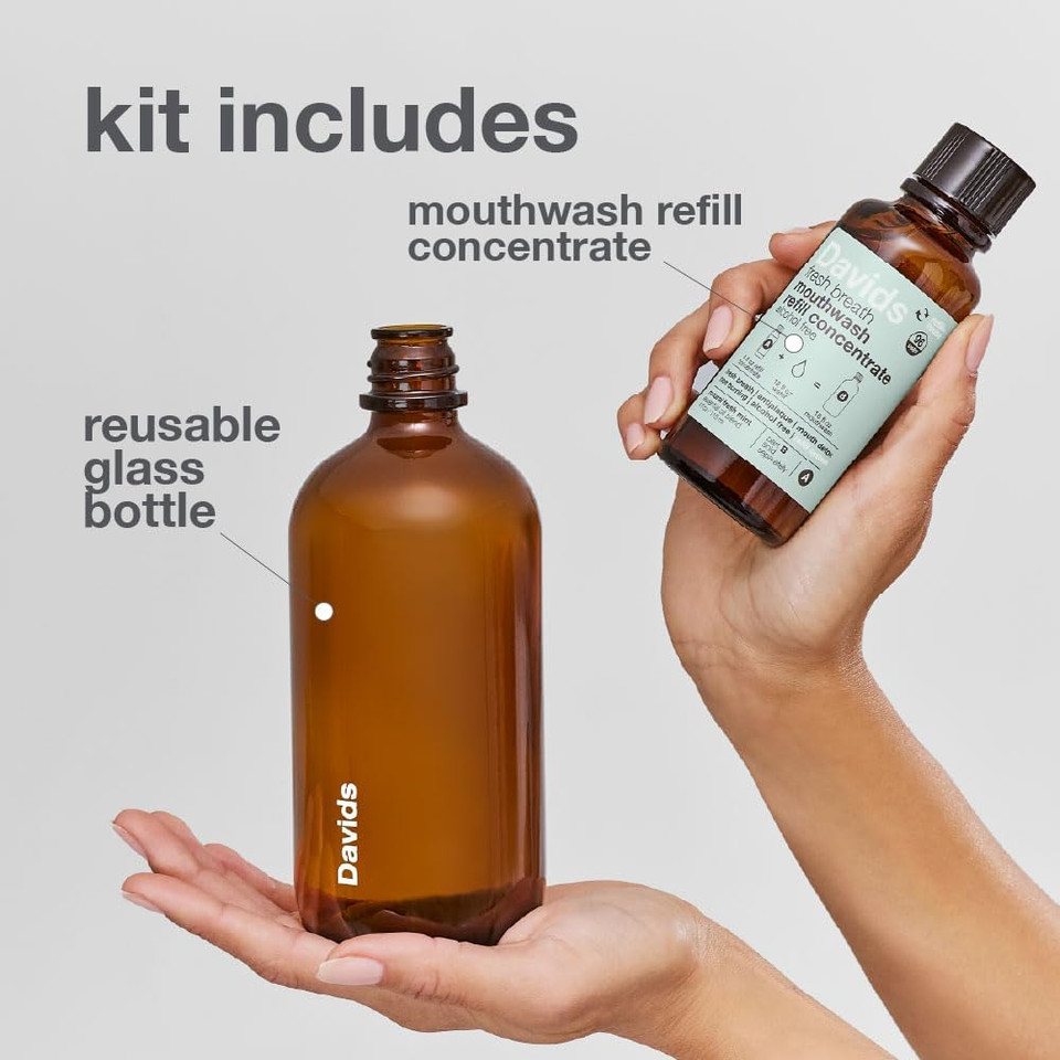 Davids Fresh Breath Mouthwash Kit, Non-Burning, Alcohol-Free, Fluoride-Free, Sulfate-Free, Gum And Mouth Detox, Antiplaque, Relieves Dry Mouth (4Oz Concentrate + 16Oz Empty Reusable Glass Bottle)