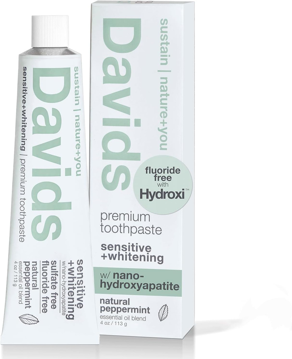 Davids Hydroxi Fluoride Free Nano Hydroxyapatite Toothpaste For Remineralizing Enamel & Sensitive Relief, Whitening, Antiplaque, Sls Free, Natural Peppermint, 4 Oz, Made In Usa