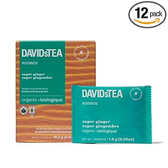 Davidstea Organic Super Ginger Herbal Tea  Caffeine-Free Tea Bags With Ginger, Green Rooibos & Pink Peppercorn  12 Count  Spicy & Invigorating Herbal Blend