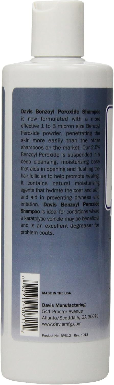 Davis Benzoyl Peroxide Medicated Dog & Cat Shampoo, 12 Oz.  Dermatitis And Demodectic Mange, White (Dm150 12)