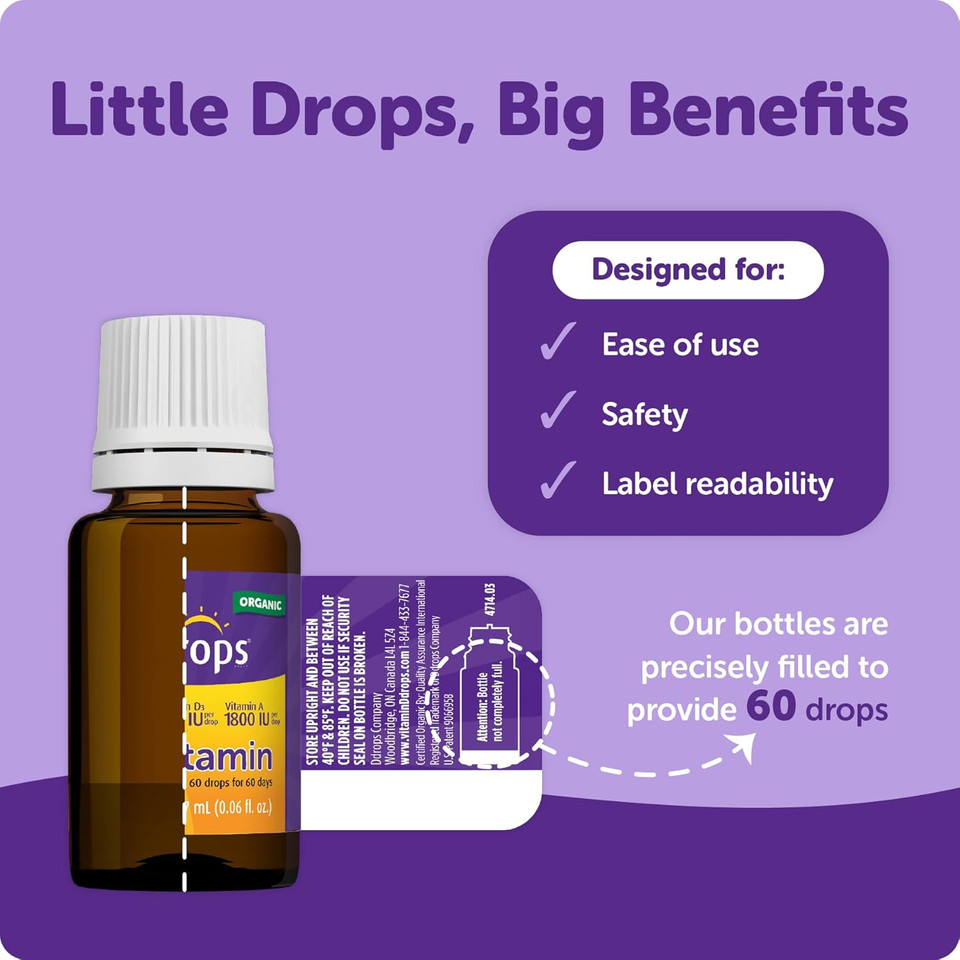 Ddrops® Kids Organic Liquid Vitamins  Daily Vitamins A&D Drops For Kids, 60 Drops. Supports Eye Health, Bone Development And Immune Function. Certified Organic, Non-Gmos, Allergy-Friendly