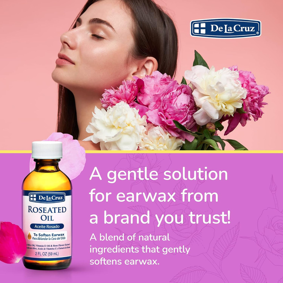 De La Cruz Roseated Oil - Natural Ear Wax Softener Blend With Rose Flower Extract - Ear Wax Aid - Made In The Usa - 2 Fl Oz