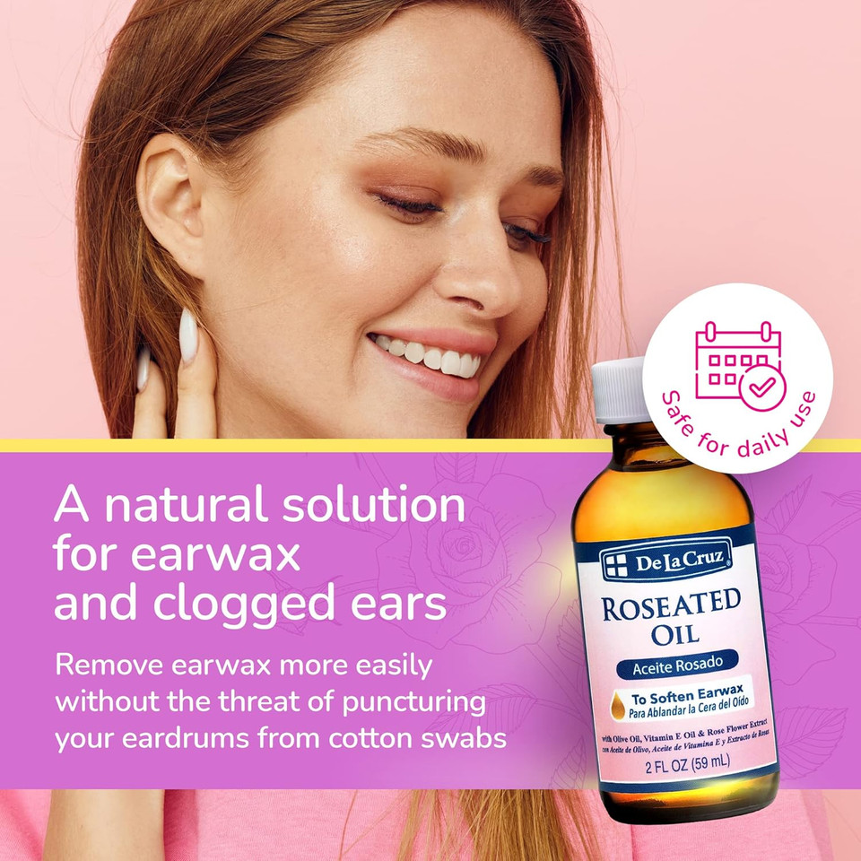 De La Cruz Roseated Oil - Natural Ear Wax Softener Blend With Rose Flower Extract - Ear Wax Aid - Made In The Usa - 2 Fl Oz